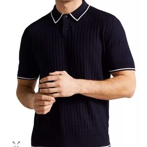 Ted Baker Rib Pitfield Rib Knit Polo Shirt Navy White Tip Size 5 L/XL